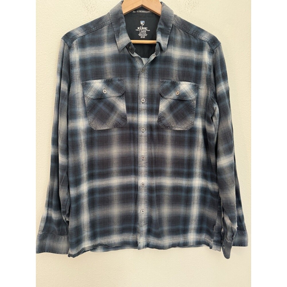 Kuhl Shirt Dillingr Flannel Long Sleeve Button Up Plaid Men’s Blue Hiking Large